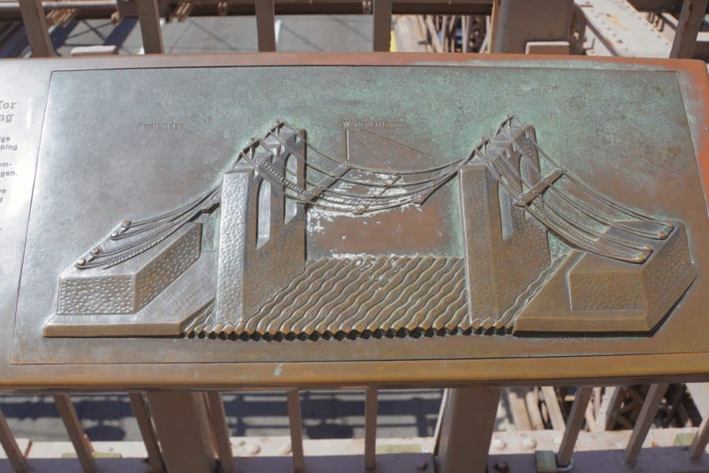 Eine bronzene Reliefplatte zeigt eine grafische Darstellung der Brooklyn Bridge während ihrer Bauphase mit den markanten Pfeilern, hängenden Kabeln und Arbeitsplattformen über stilisierten Wellen. Die taktile Tafel ist auf einem Geländer montiert und weist eine grünliche Patina auf.