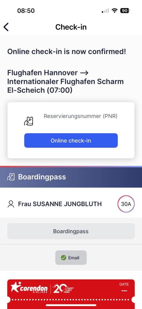 erfolgter online check in